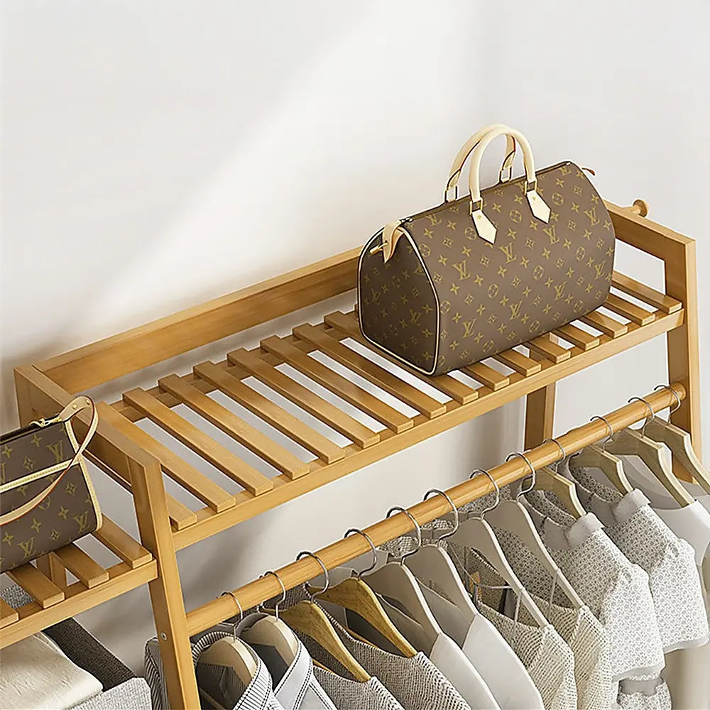 Bamboo Clothes Rack Double Rail 190cm | Portable Garment Organiser with Shelves