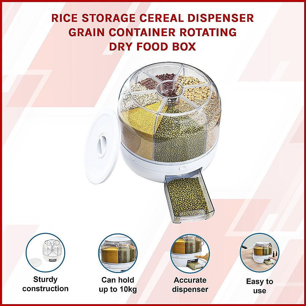 Rotating 10kg Rice & Cereal Dispenser – 6-Section Dry Food Storage with Measuring Cup