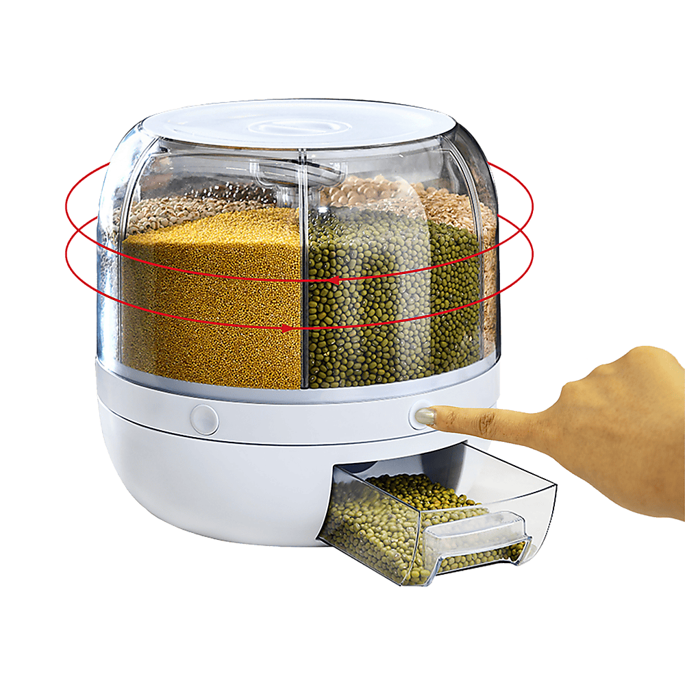 Rotating 10kg Rice & Cereal Dispenser – 6-Section Dry Food Storage with Measuring Cup