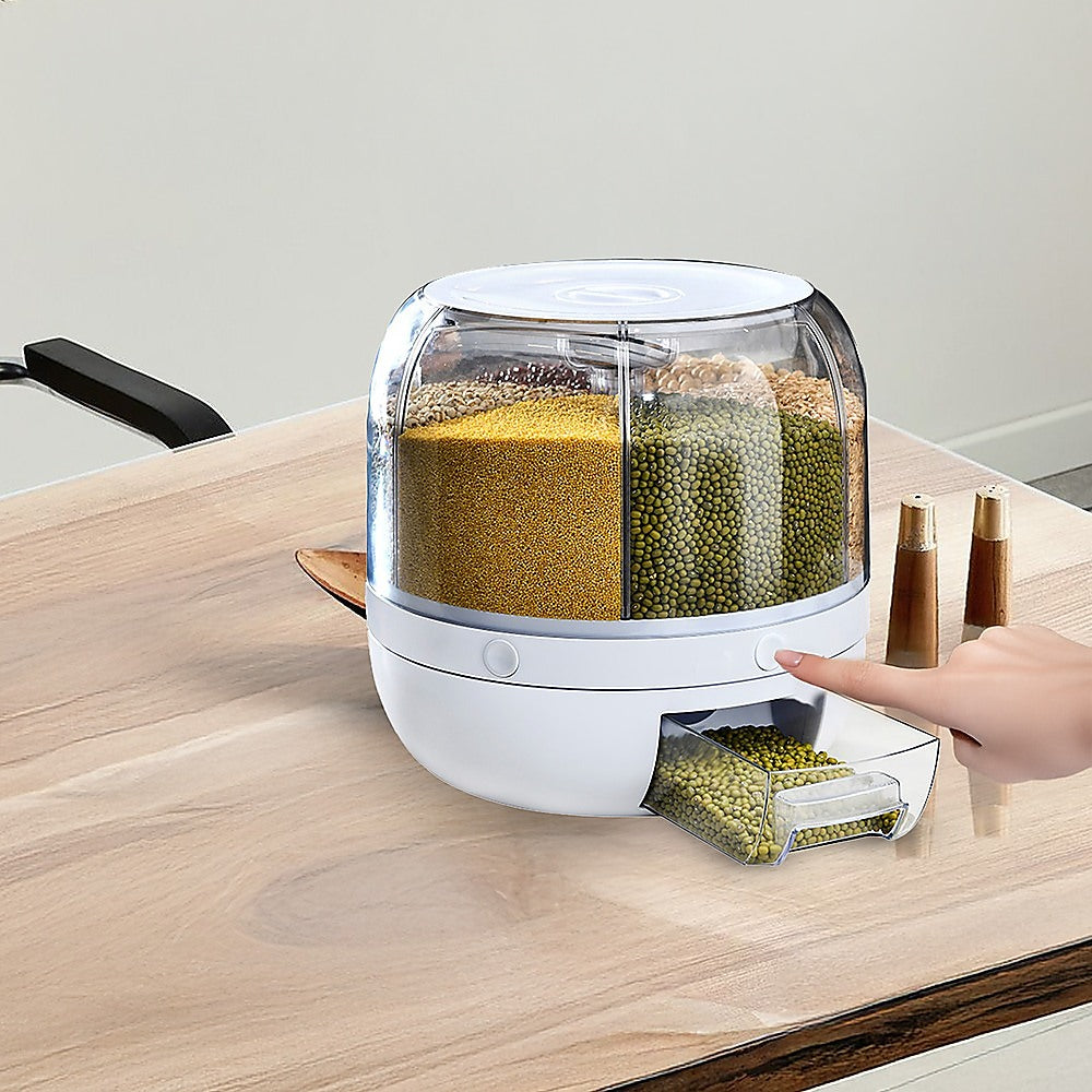 Rotating 10kg Rice & Cereal Dispenser – 6-Section Dry Food Storage with Measuring Cup