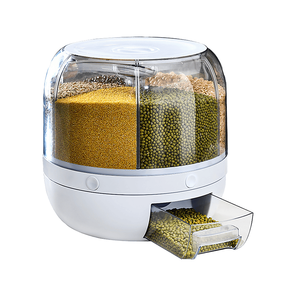 Rotating 10kg Rice & Cereal Dispenser – 6-Section Dry Food Storage with Measuring Cup