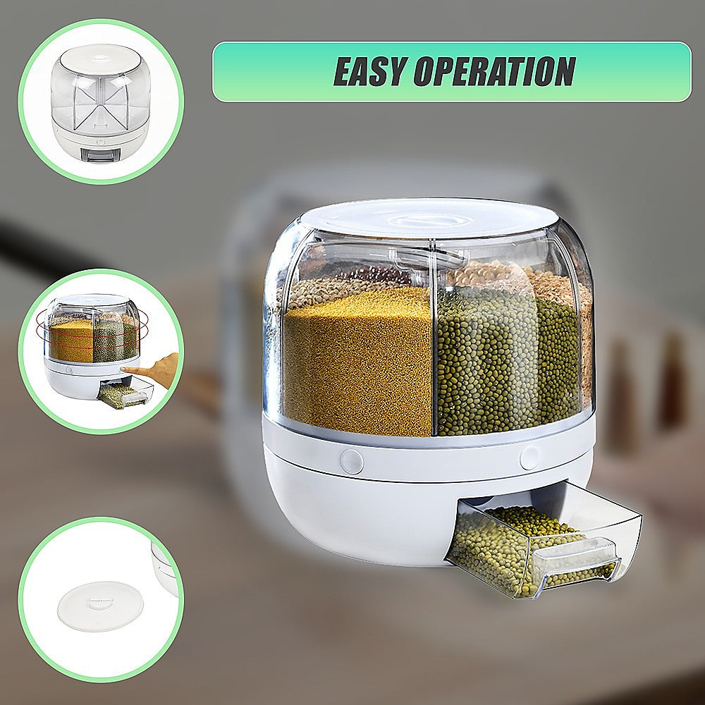 Rotating 10kg Rice & Cereal Dispenser – 6-Section Dry Food Storage with Measuring Cup