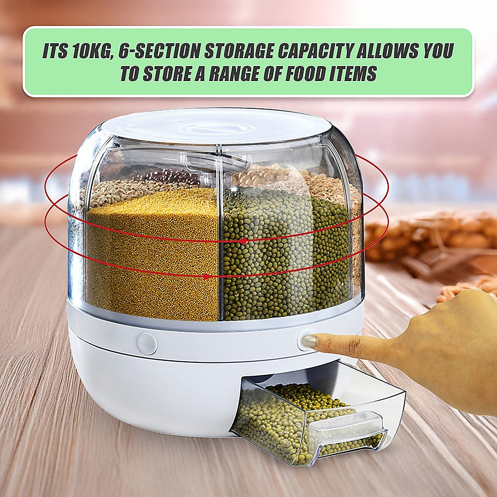 Rotating 10kg Rice & Cereal Dispenser – 6-Section Dry Food Storage with Measuring Cup