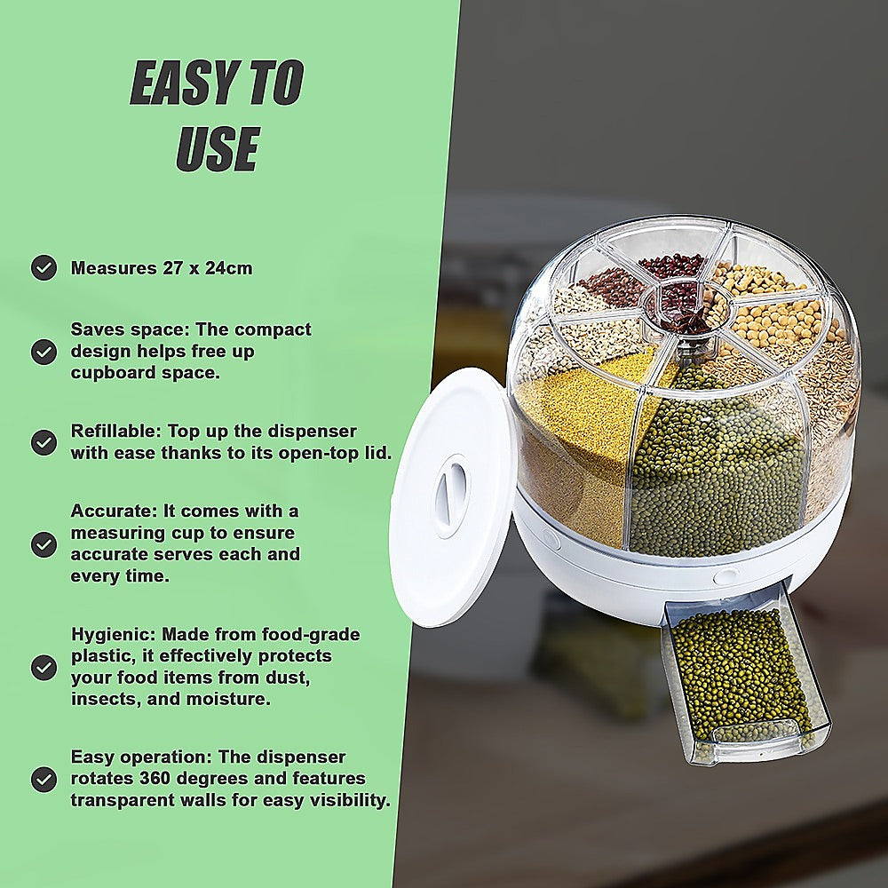 Rotating 10kg Rice & Cereal Dispenser – 6-Section Dry Food Storage with Measuring Cup