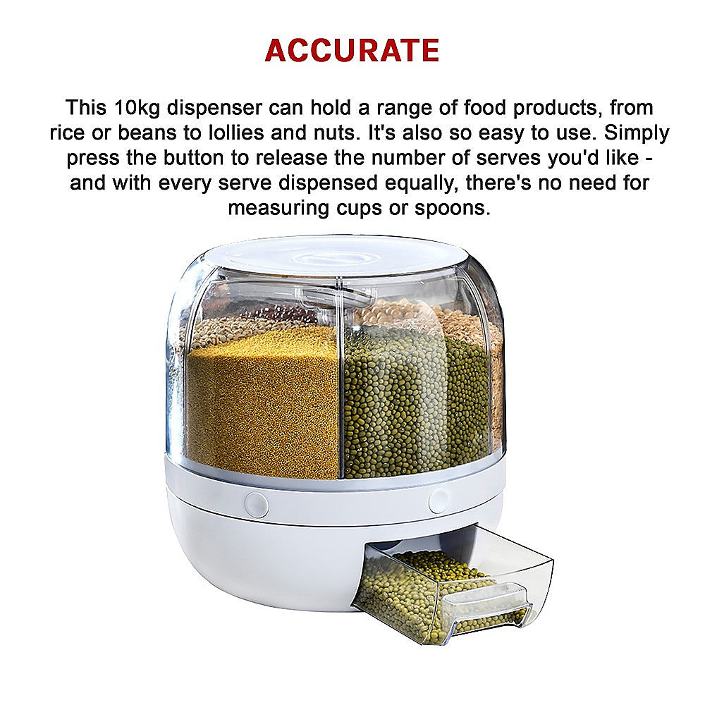 Rotating 10kg Rice & Cereal Dispenser – 6-Section Dry Food Storage with Measuring Cup