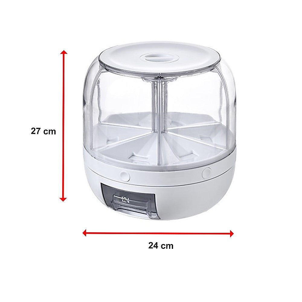Rotating 10kg Rice & Cereal Dispenser – 6-Section Dry Food Storage with Measuring Cup