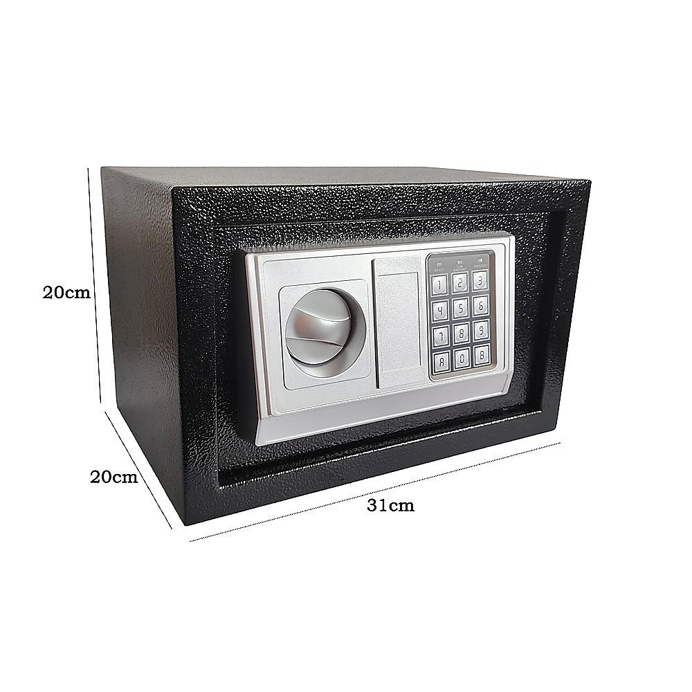 31x20x20cm digital security safe size demonstration showing capacity for jewelry, documents, and electronics