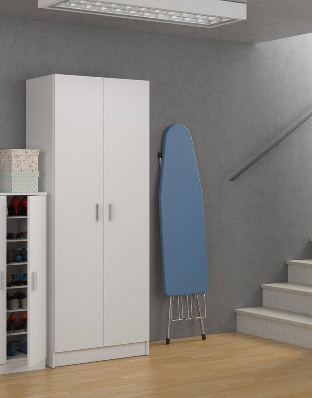 NNECN 2-Door Freestanding Wardrobe with Hanging Rail & Storage Shelf – White MDF Closet