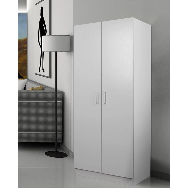 NNECN 2-Door Freestanding Wardrobe with Hanging Rail & Storage Shelf – White MDF Closet