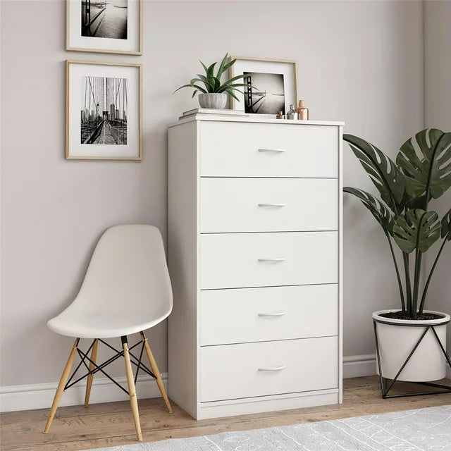 White 5-drawer tallboy cabinet for bedroom storage – front view