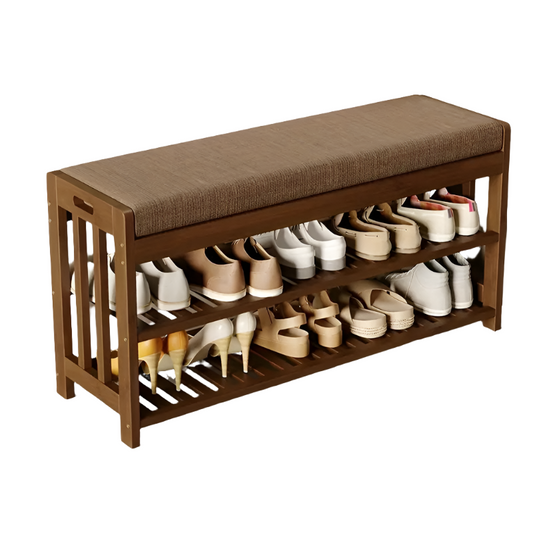 Bamboo shoe bench with cushioned seat and enclosed storage for Australian entryways