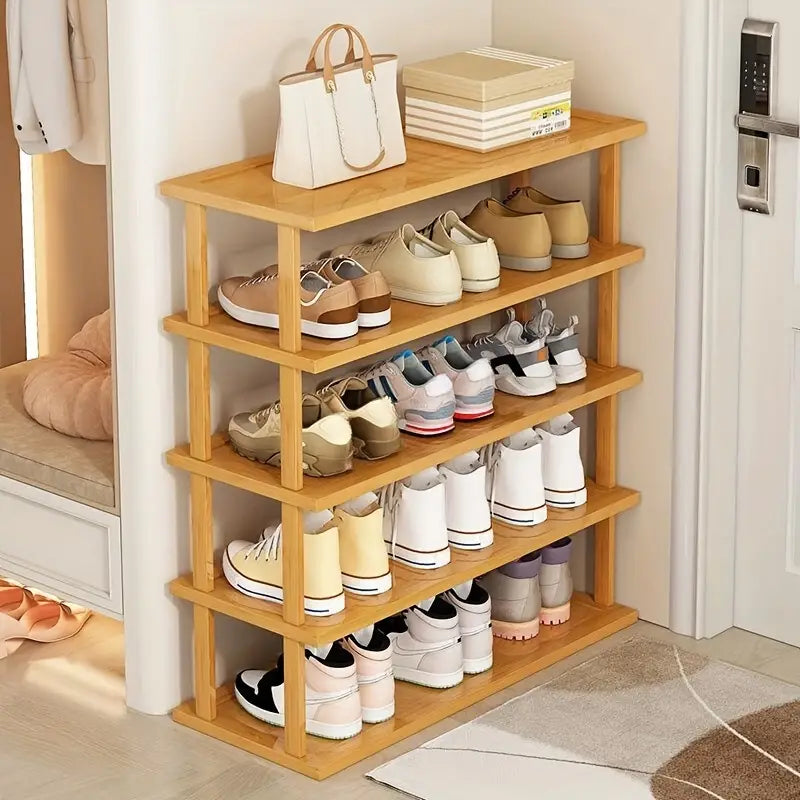 Bamboo shoe storage in Australian family entryway with kids shoes