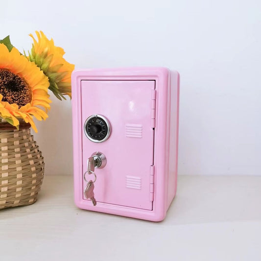 Pink mini metal safe box with combination lock and key for girls jewelry storage
