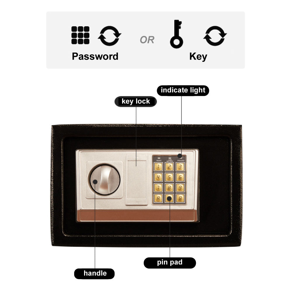 Black steel safe mounted in a home office setting