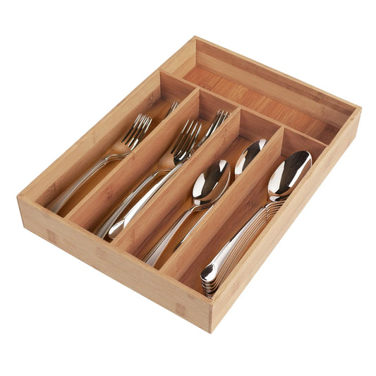Expandable bamboo cutlery tray with compartments for kitchen drawer organization