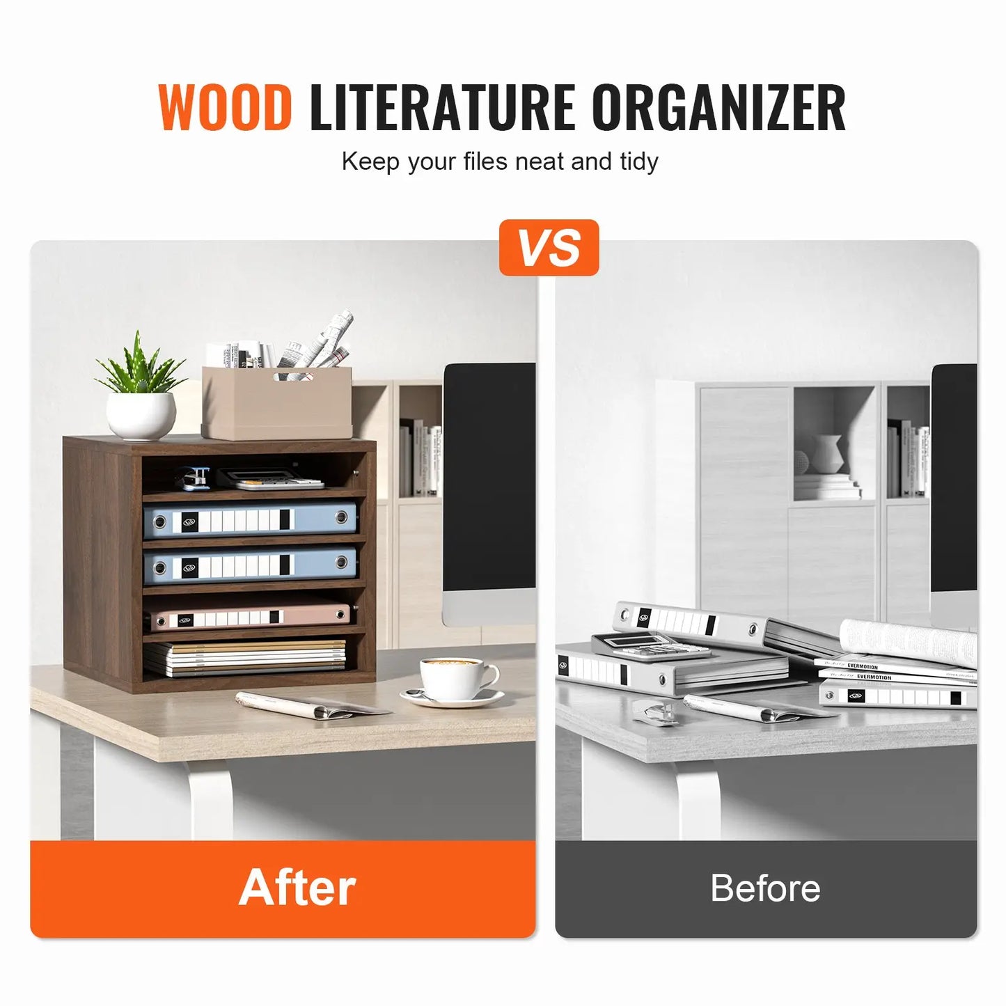 VEVOR 5-Compartment Wooden File Organizer – Adjustable Home Office Storage (Brown)