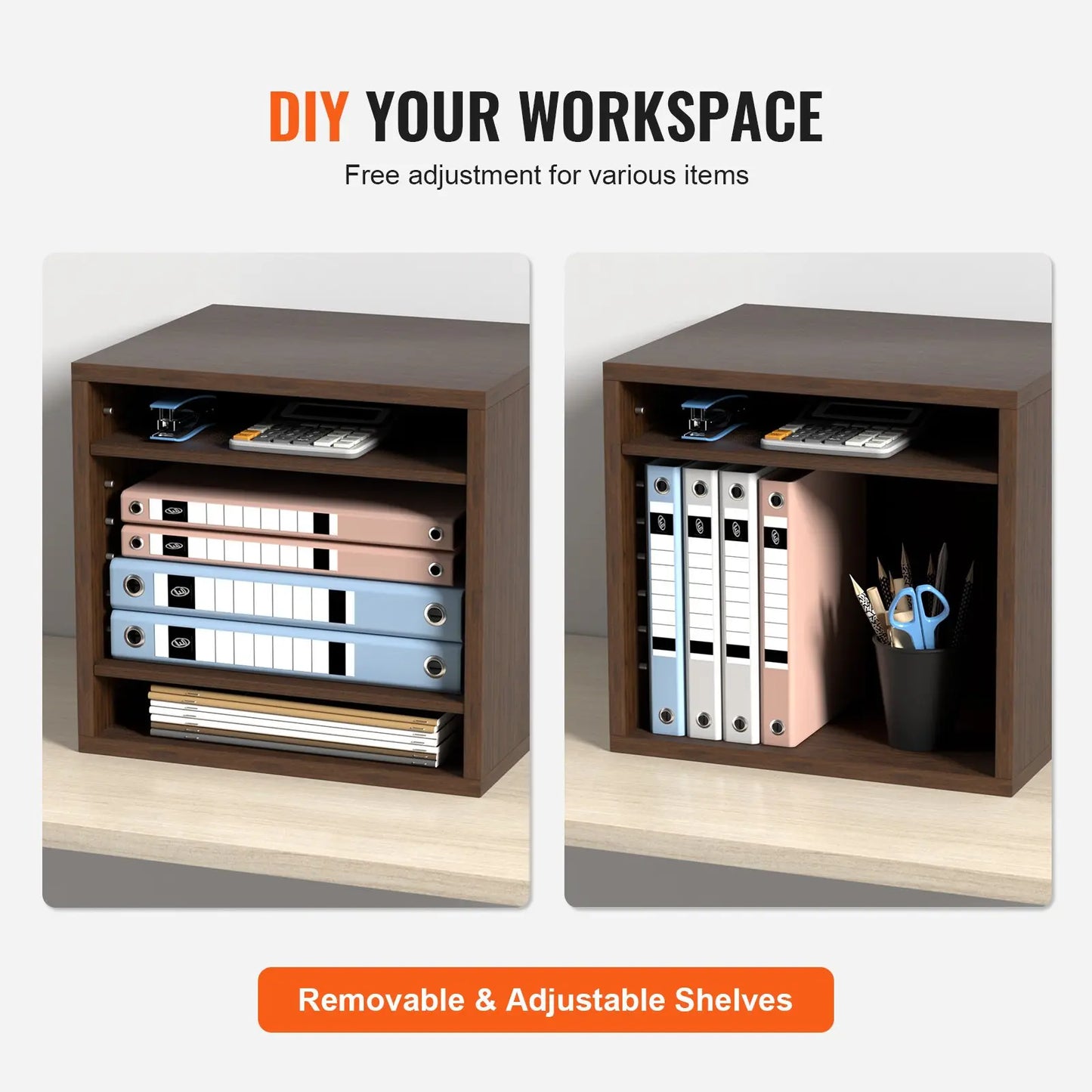VEVOR 5-Compartment Wooden File Organizer – Adjustable Home Office Storage (Brown)