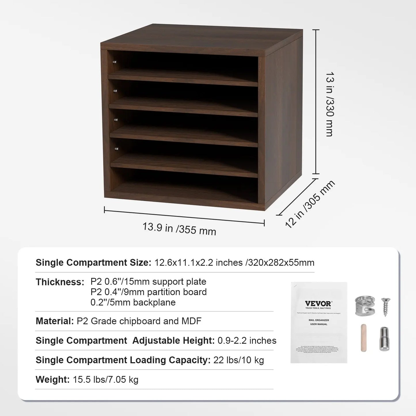 VEVOR 5-Compartment Wooden File Organizer – Adjustable Home Office Storage (Brown)