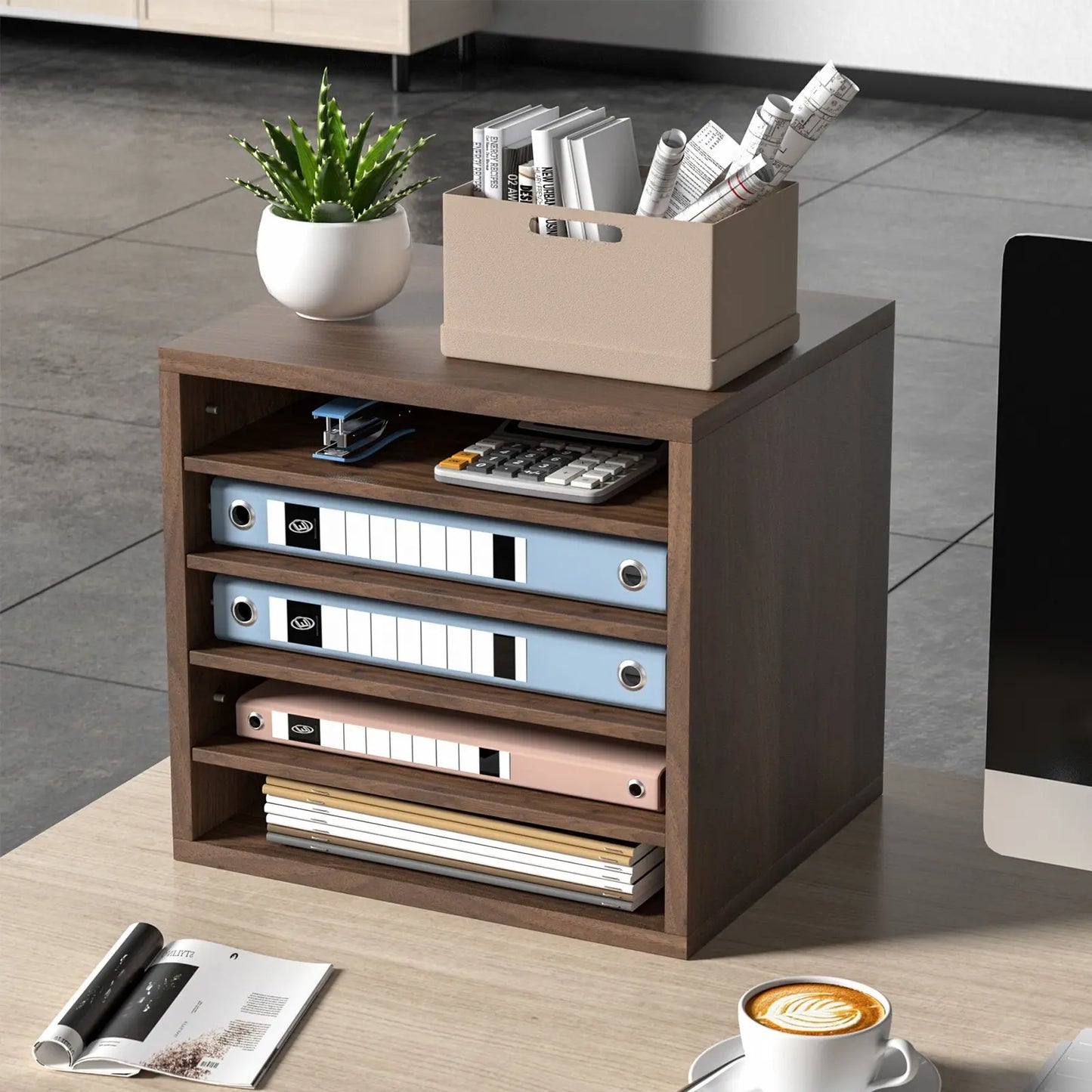 Wooden 5-tier desktop file organizer with adjustable shelves – perfect for home office