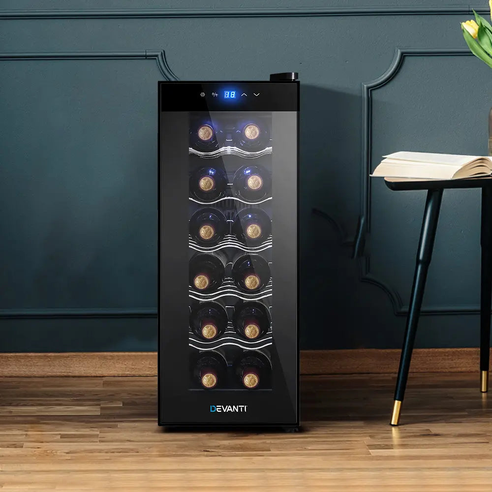 Devanti 12 bottle wine fridge with LED display showing thermoelectric cooling and UV resistant glass door