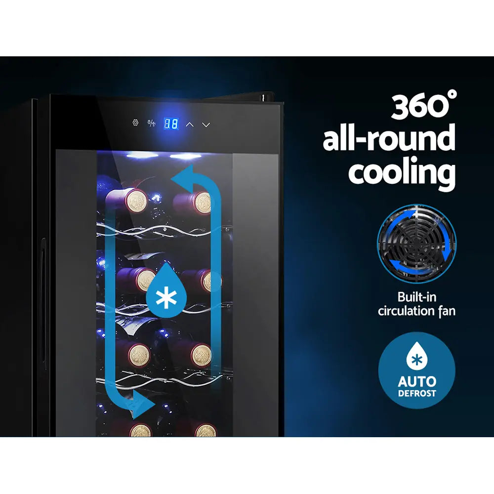 Chrome wire shelves inside 12 bottle wine cooler showing storage capacity and LED interior lighting