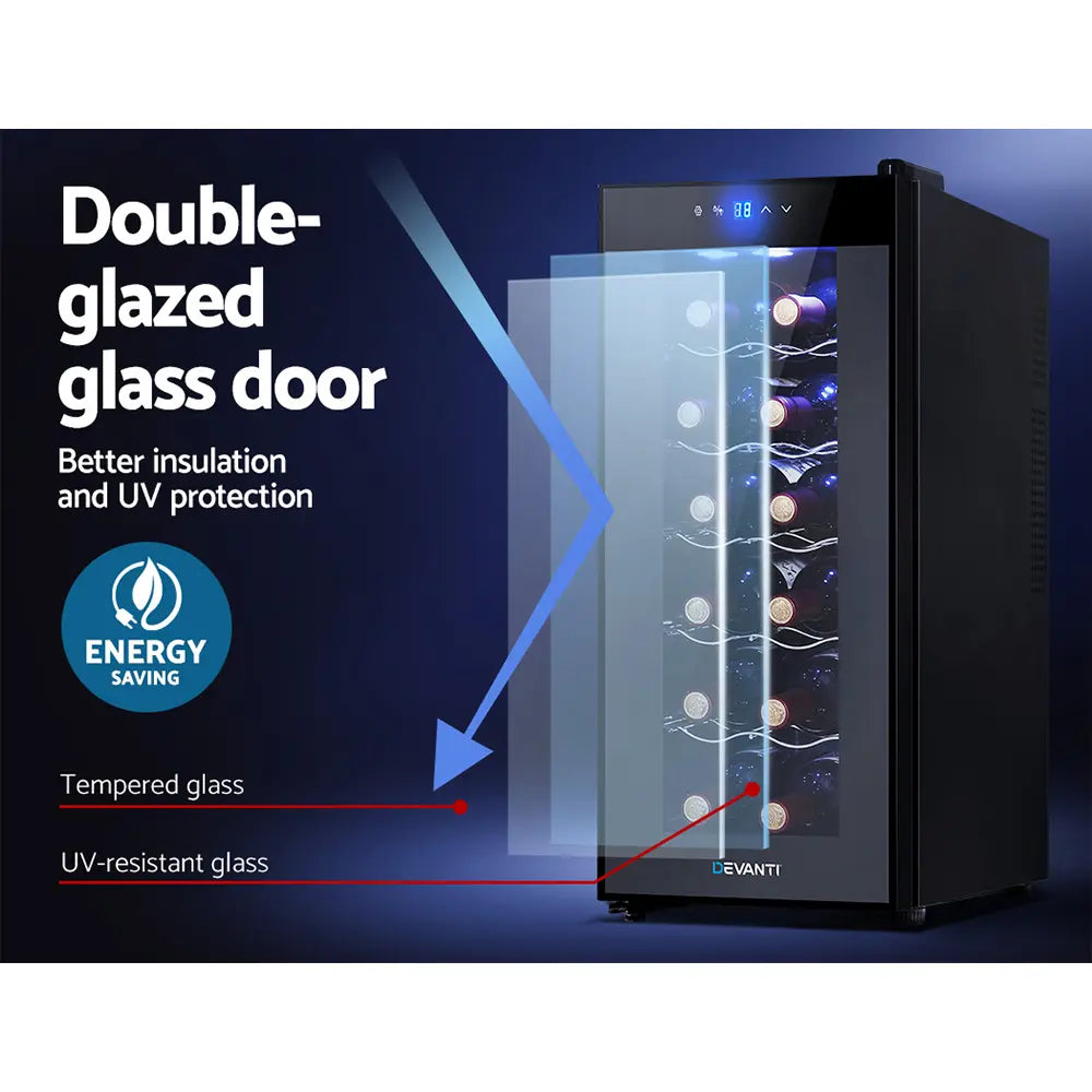 Devanti wine fridge styled in modern Australian kitchen showing sophisticated black finish