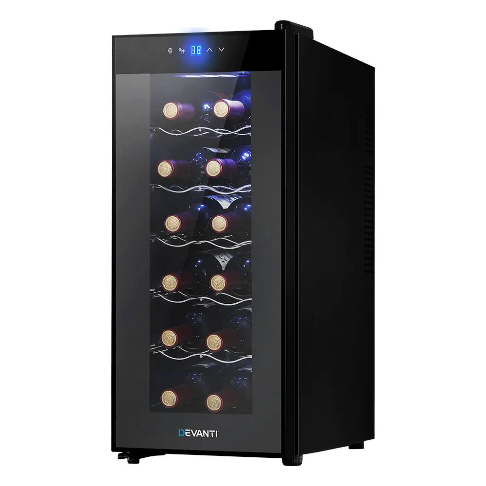 Wine fridge displayed as perfect Father's Day gift with wine glasses and premium bottles