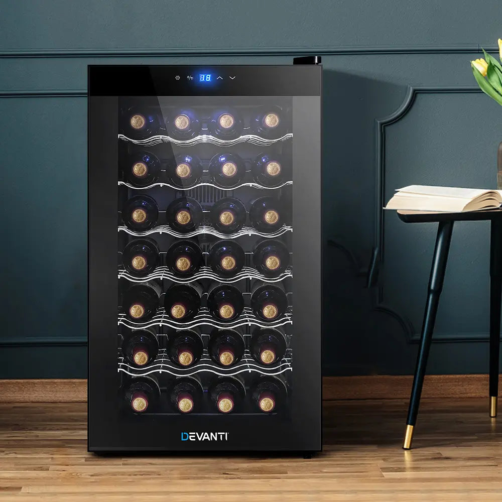 Devanti wine fridge 28 bottles black thermoelectric cooler with LED lighting and UV protection Australian homes