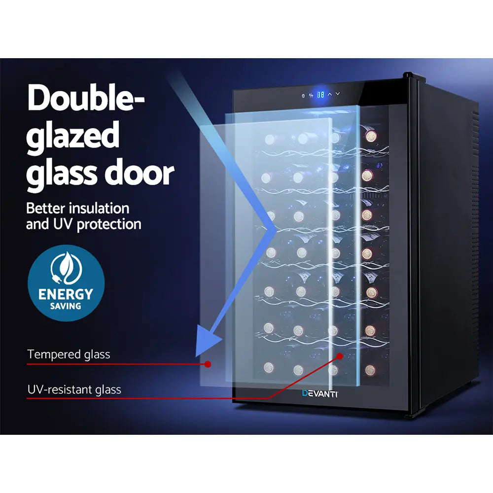 Devanti wine fridge in modern Australian kitchen showing compact design and double glazed UV resistant door
