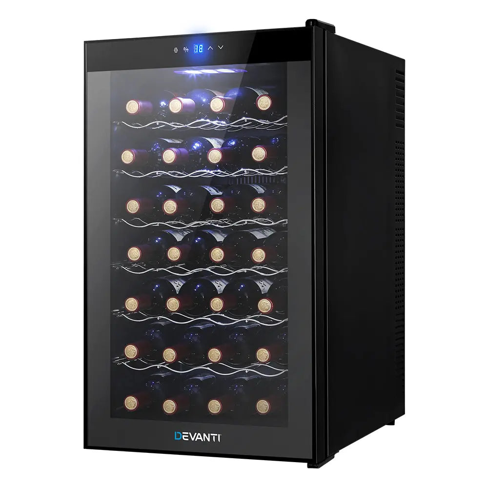 Wine fridge interior showing 28 bottles stored on chrome pull-out racks with LED lighting temperature controlled