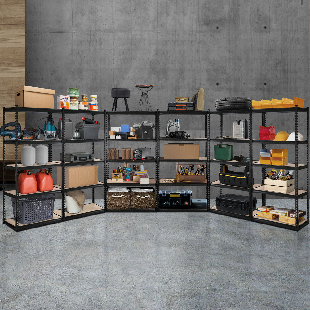Complete garage transformation using 6-pack heavy duty shelving system showing total organization