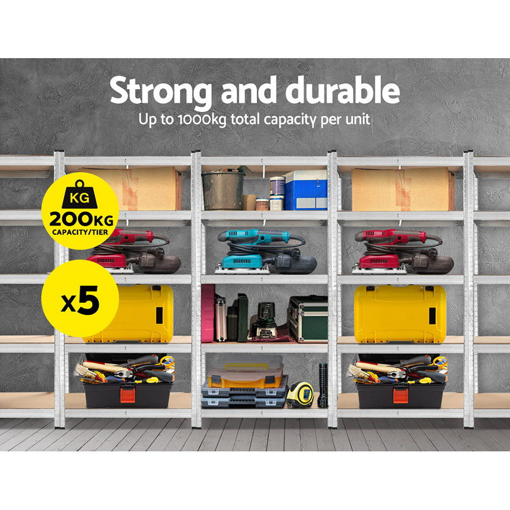 Giantz 5x Heavy-Duty Garage Shelving – 180cm Steel Storage Racks (1000kg Capacity, Silver)