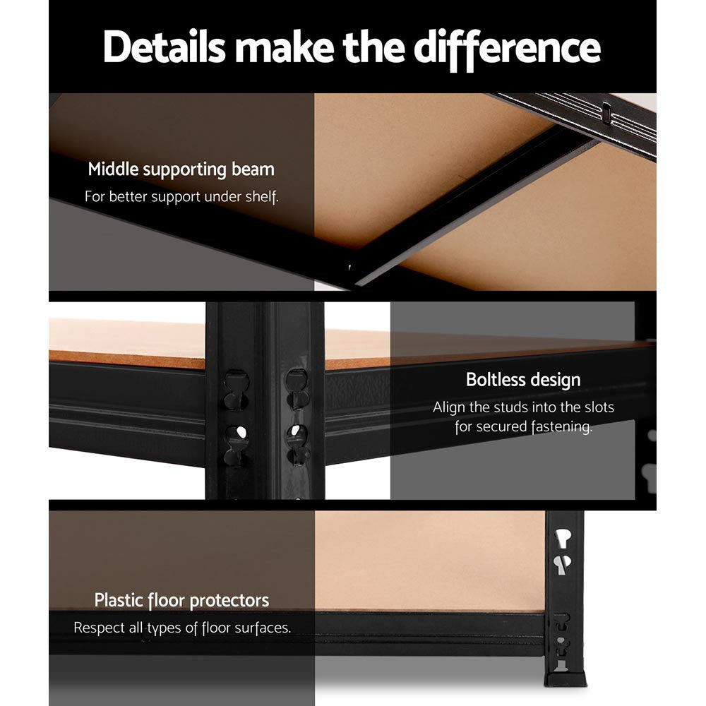 Boltless assembly system on monster 1.8M garage shelving with matte black finish