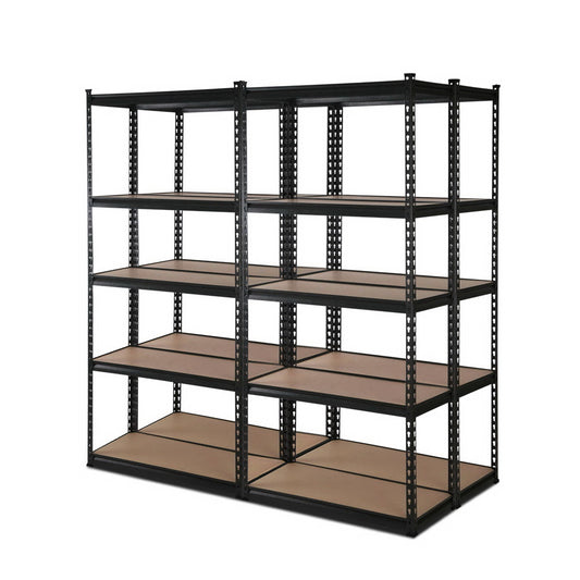Complete garage organization kit with 4 steel shelving units for professional workshop storage