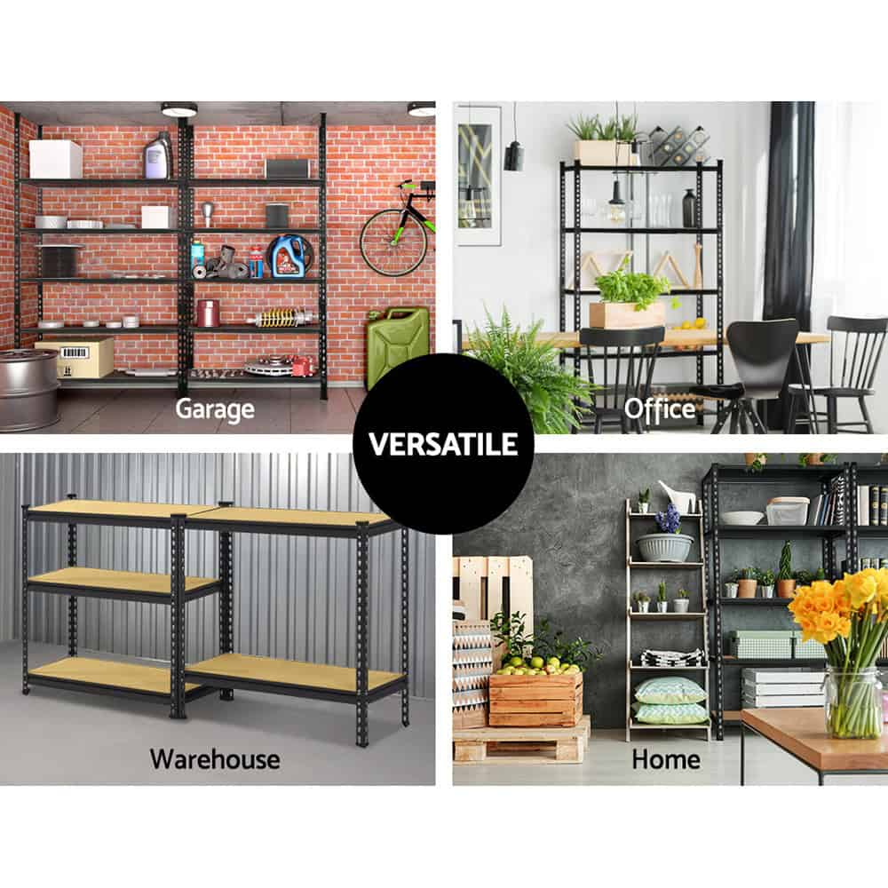Wall-to-wall garage storage using complete 4-unit shelving organization kit