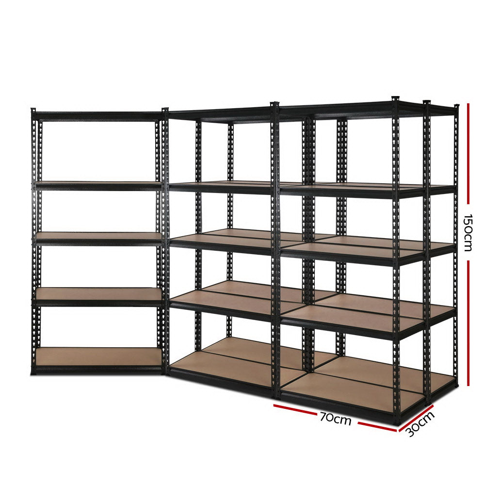 Industrial steel shelving with powder coated black finish in workshop setting