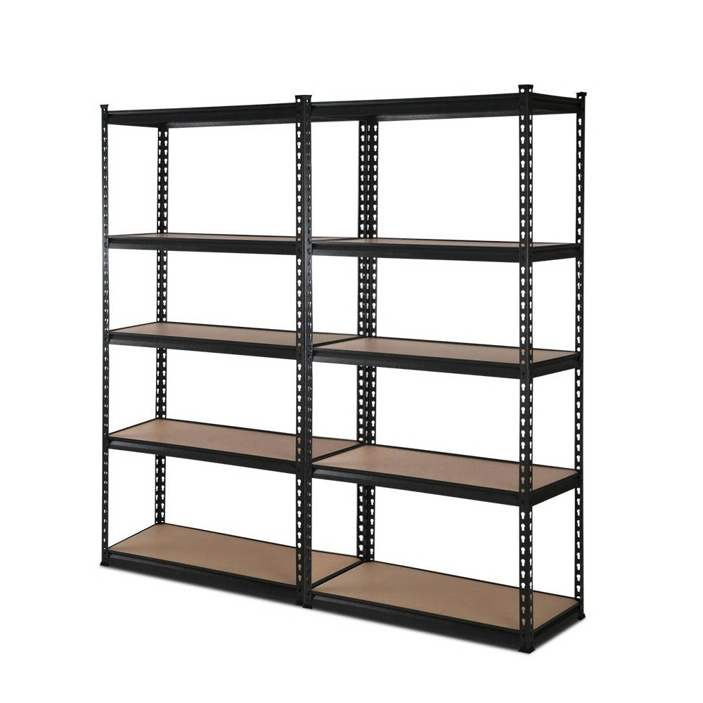 Complete garage transformation kit showing 2 heavy-duty black shelving units with 2000kg total capacity for Australian garage organization