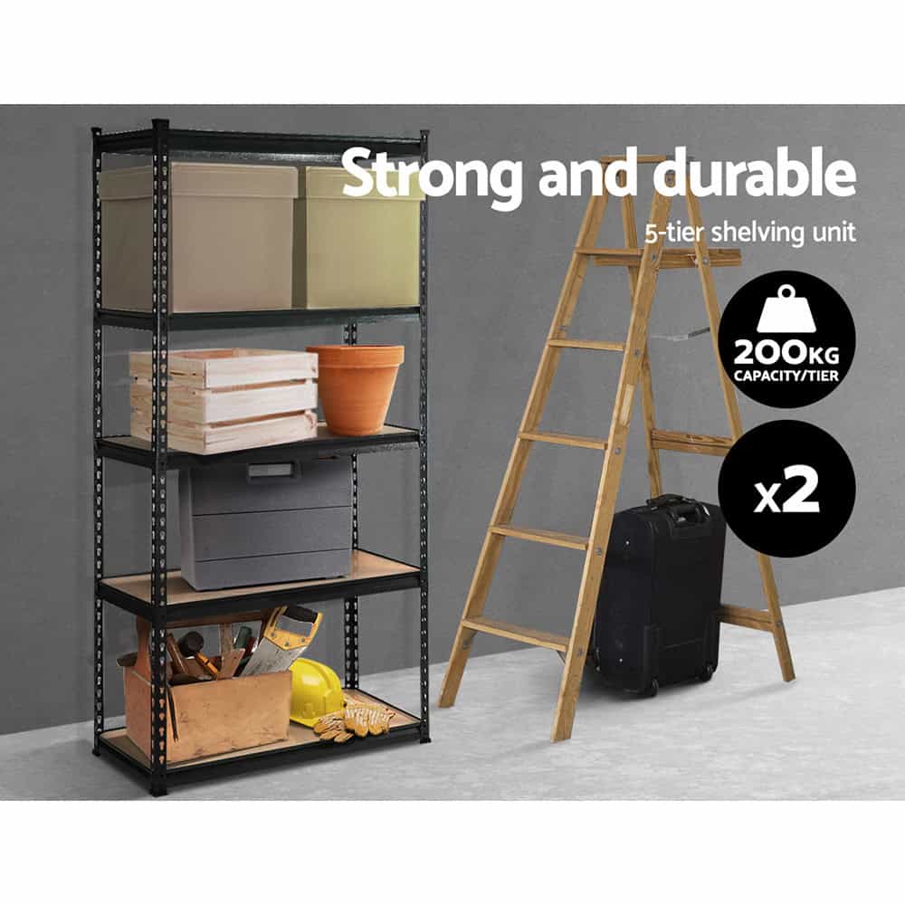 Two black garage shelving units completely organized with tools, storage boxes, and equipment showing maximum capacity usage