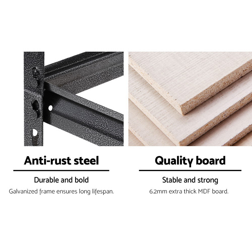 Boltless assembly system showing easy setup of garage shelving with clear instructions and adjustable beam configuration