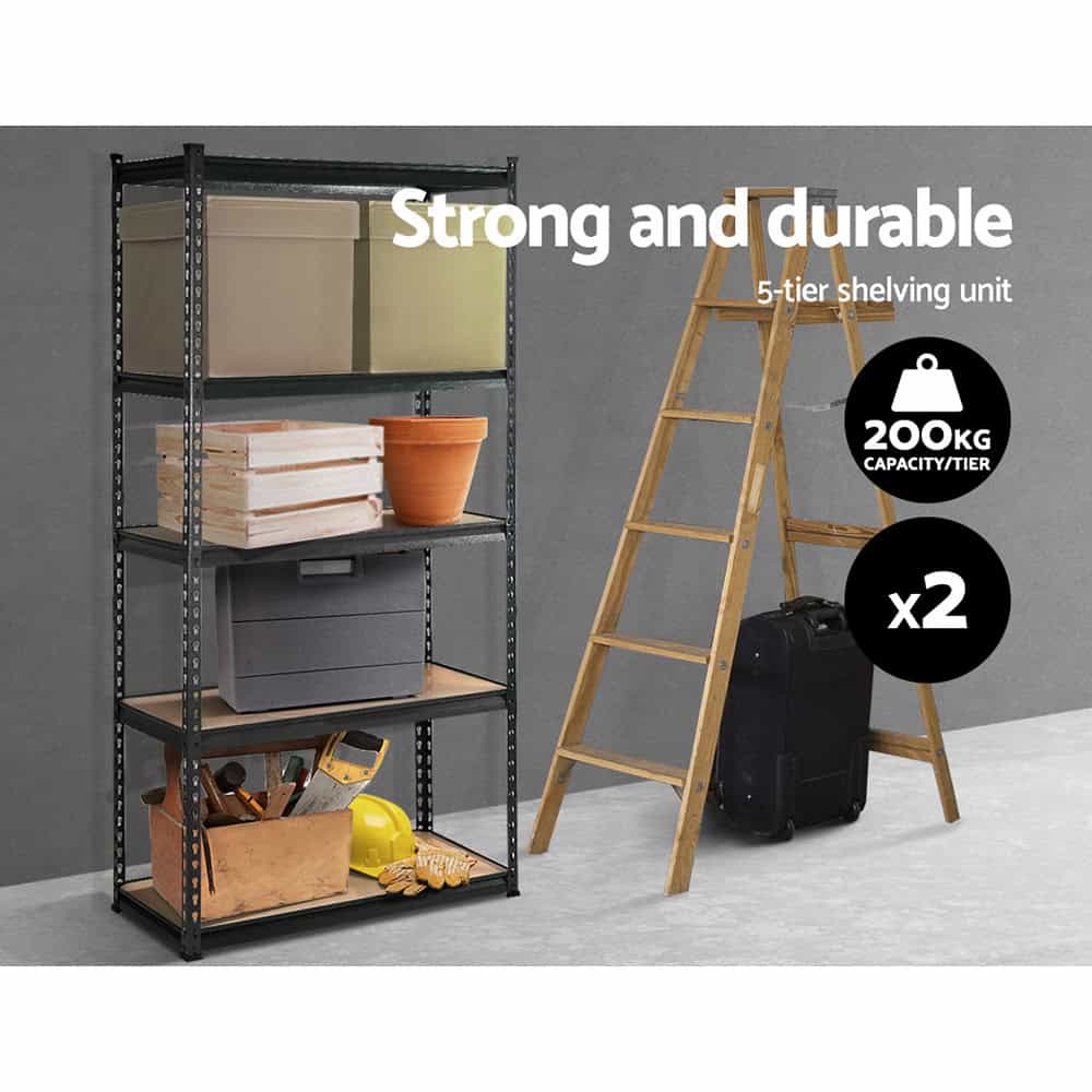 200kg per shelf capacity on dual 1.8M garage storage towers with charcoal finish