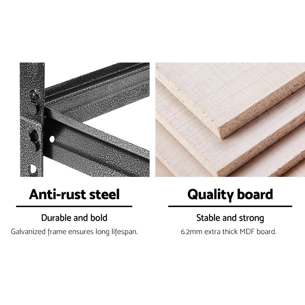 Adjustable MDF shelves on matte charcoal steel frame