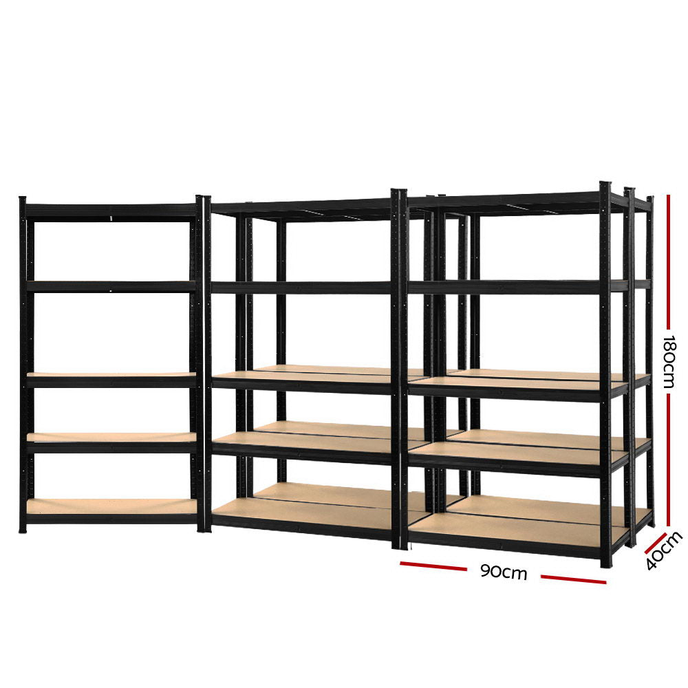 Giantz 5 x Heavy Duty Garage Shelving Rack – 5 Tiers, 200kg Per Shelf, 1.8m Tall – Black Boltless Storage System