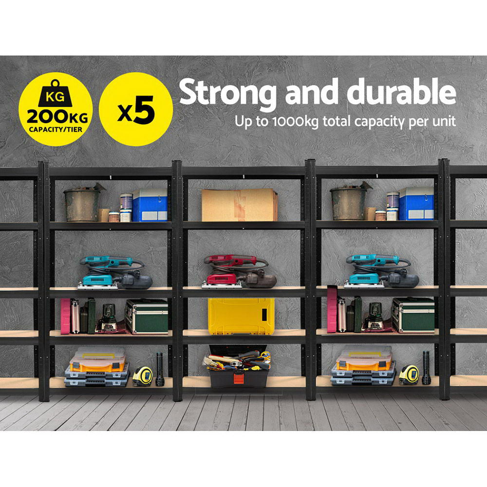 Giantz 5 x Heavy Duty Garage Shelving Rack – 5 Tiers, 200kg Per Shelf, 1.8m Tall – Black Boltless Storage System