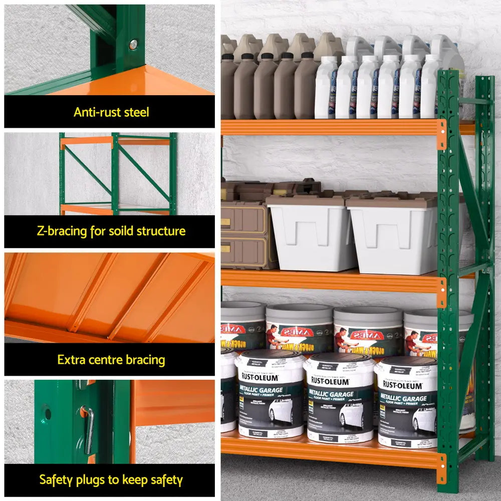 Industrial steel shelving with Z-bracing and rust resistant coating