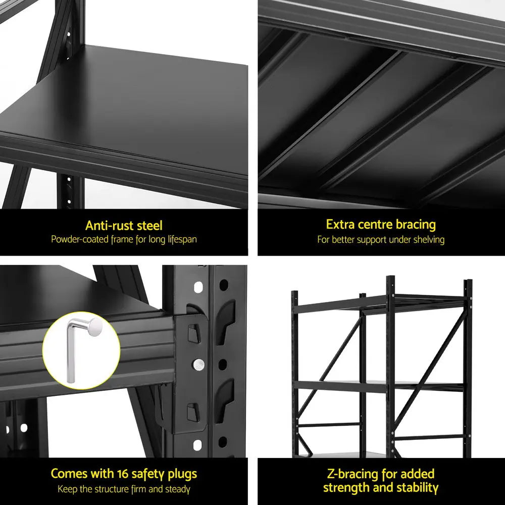 Close-up of Z-bracing reinforcement and safety plug anchoring on industrial garage storage rack