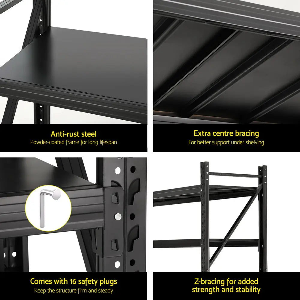 Close-up of Z-bracing reinforcement and safety plug anchoring on industrial garage storage rack