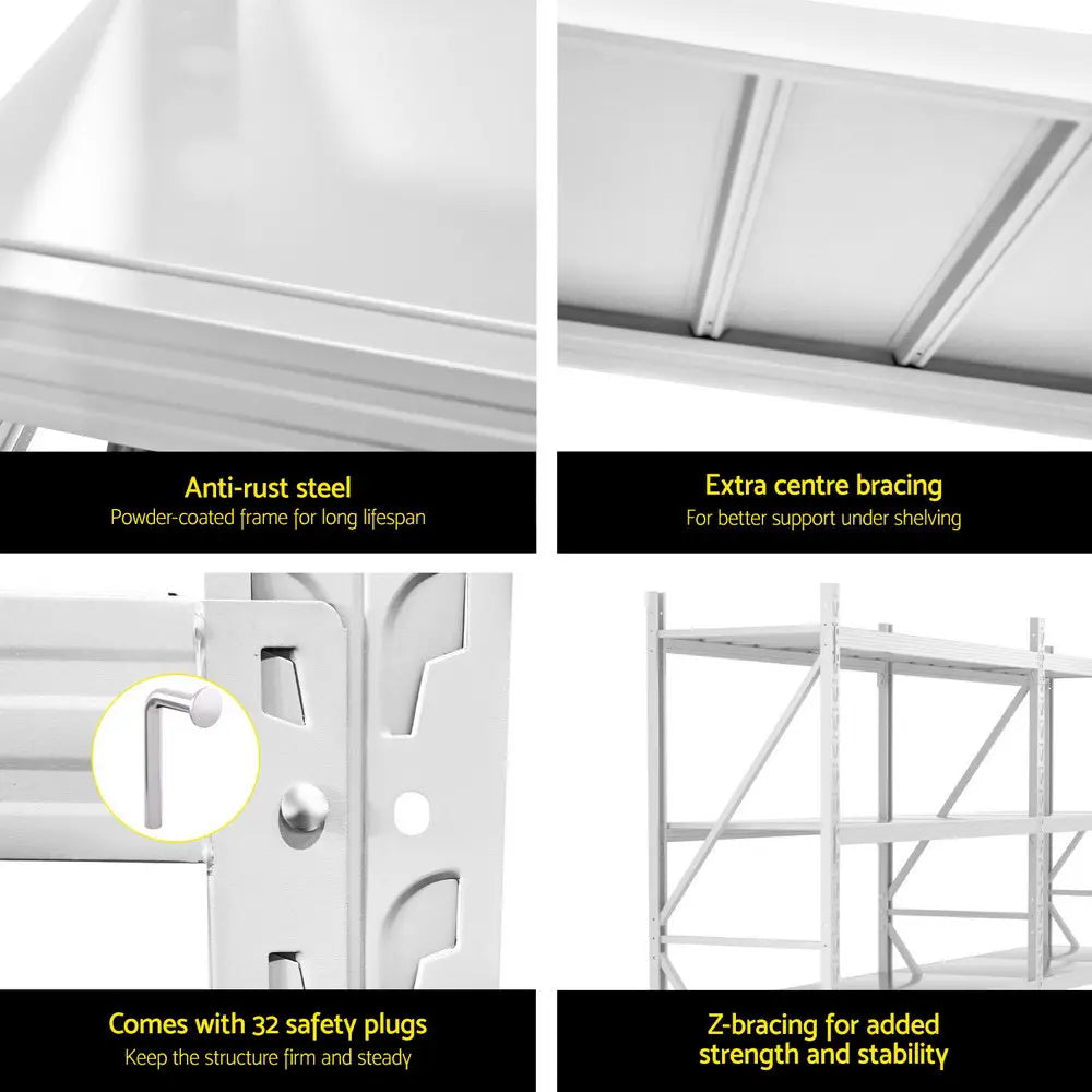 Z-bracing and reinforced steel frame on Giantz white storage rack for stability