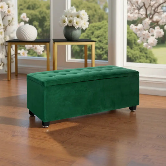 Green ottoman in a room with tables and flowers