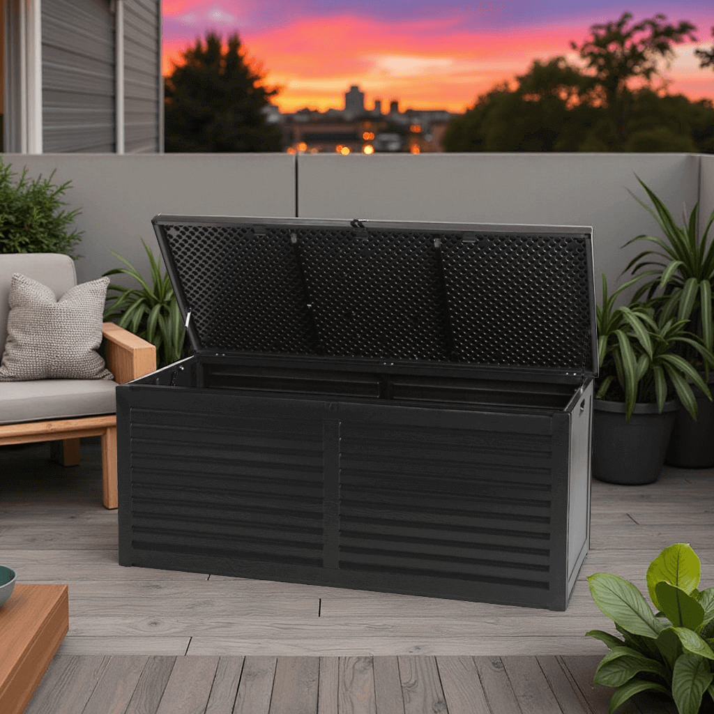 Storage box beside outdoor lounge on patio