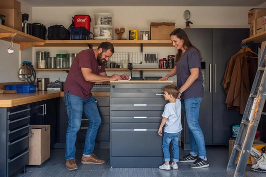 Australian family organizing their garage with quality storage solutions, demonstrating practical home organization and DIY empowerment in 2026